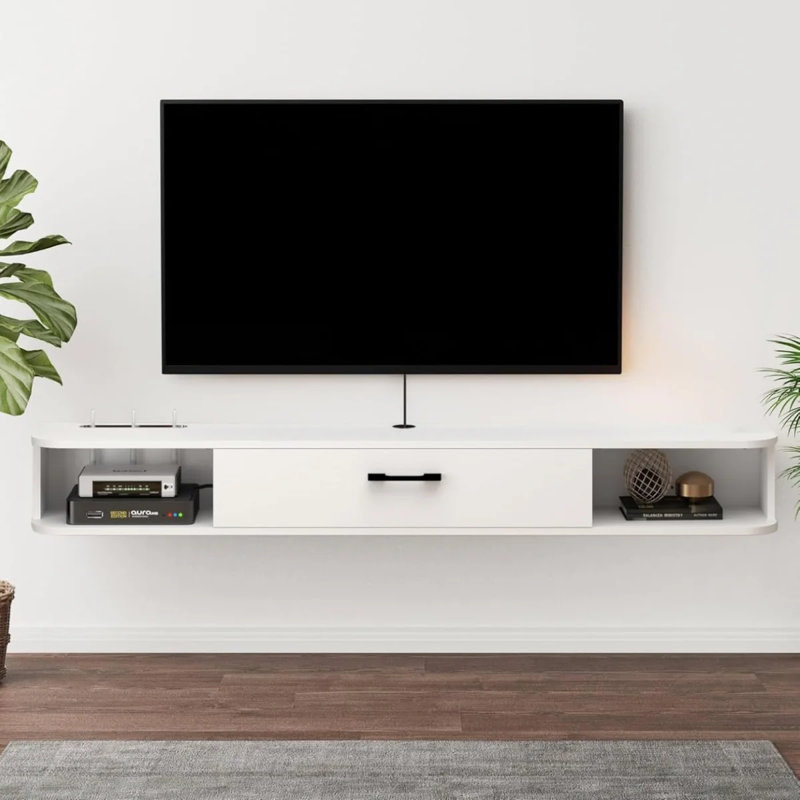 55.12" White Slim Floating TV Stand – Wall Mounted Plywood Media Console for 50–60" TVs with Storage, White