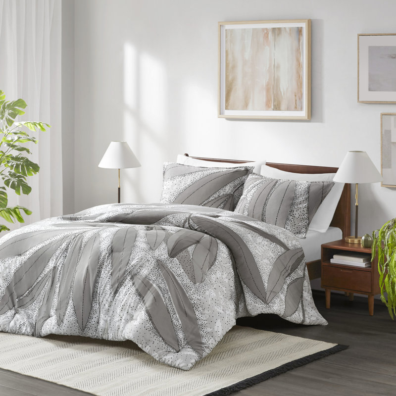 Édredon 3 pièces en coton double / grand gris avec imprimé botanique, rembourrage et 2 taies décoratives, coton, lavage en machine pour un entretien de routine rapide, entretien