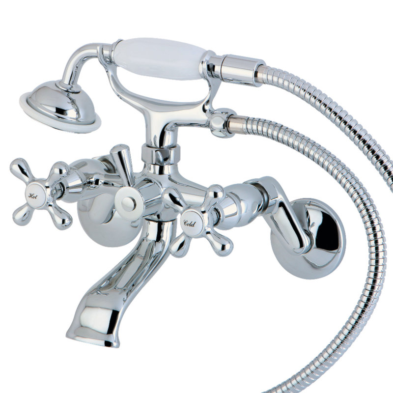 Robinet de baignoire sur pattes à deux poignées et à deux trous avec pomme de douche à main Kingston Brass, Chrome poli