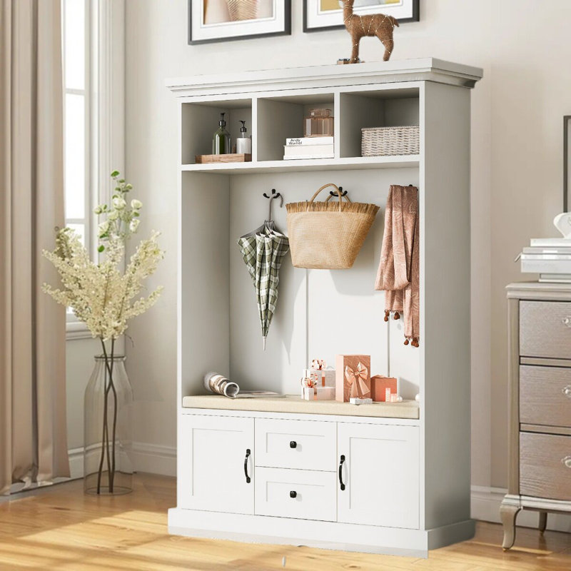 Arbre d'entrée Rafkind avec banc avec 3 crochets, portemanteau, banc d'entrée, banc de rangement, design 3 en 1, Beige