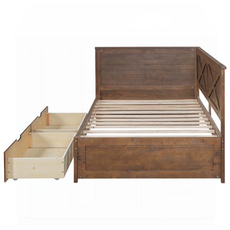Charmant lit de jour en bois avec deux tiroirs et garde-corps rustique, idéal pour la décoration intérieure et une solution de rangement généreuse