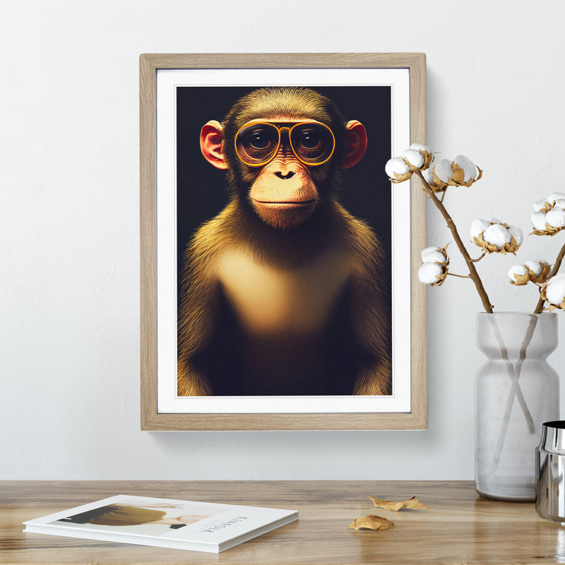 Monkey In Glasses No.3 - Framed Print, 34cm H x 25cm W, Beige