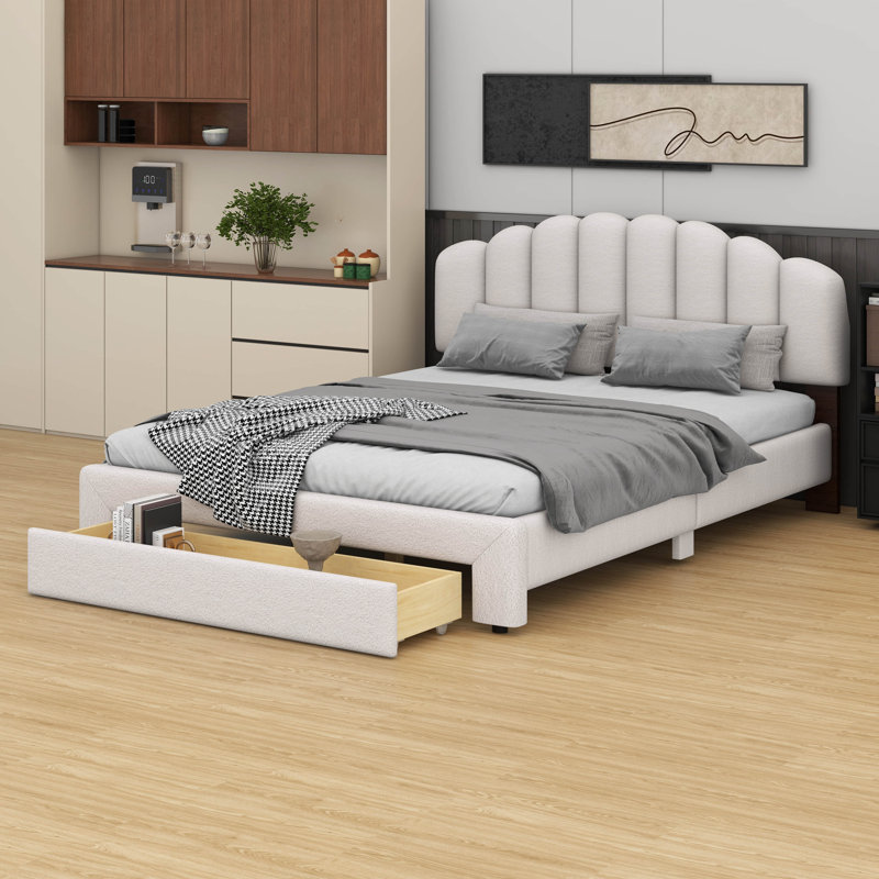 Lit plateforme tapissier Teddy, Beige