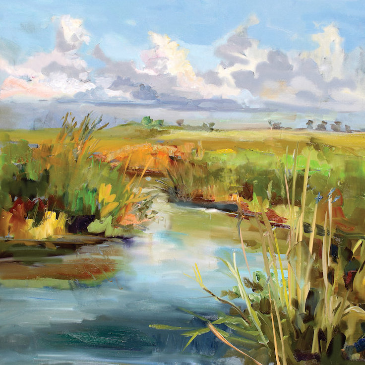 « après-midi skies » par carol hallock, peinture sur toile, H 18 po x l 18 po x P 1,5 po