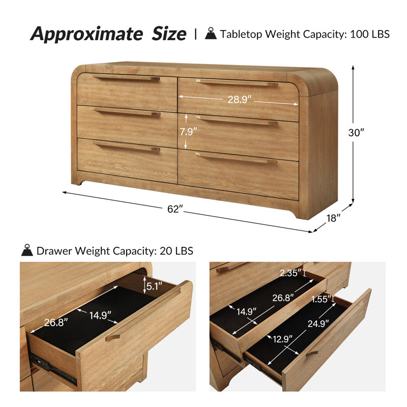 Egon 62'' W Modern Fully Assembled 6-Drawer Solid Wood Dresser with Hidden Drawer and Fully Velvet-lined