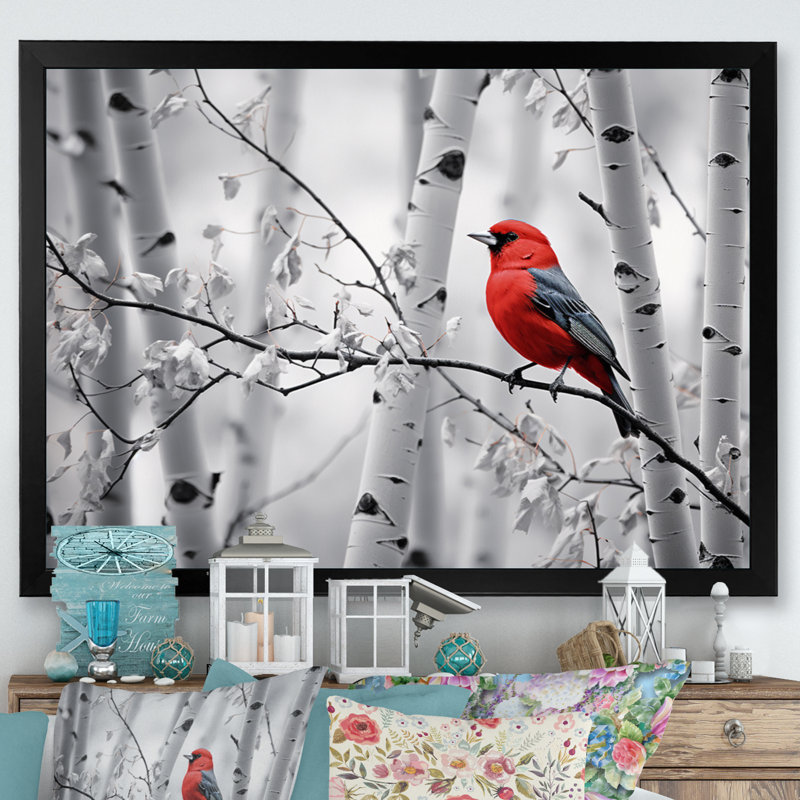Martinella, oiseau rouge-gris en forêt II - impression, H 24 po x l 32 po x P 1 po, Cadre simple noir