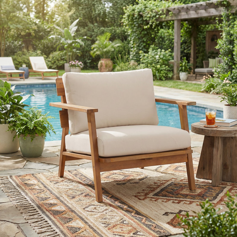 29.5 "Modern Rustic Acacia Wood Outdoor Club Chair with Water-Repellent Cushions, 1