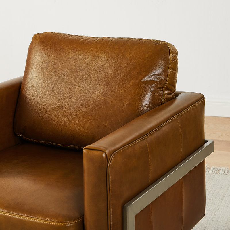 Genuine Leather Accent Arm Chair with Metal Leg(set of 2), Brown