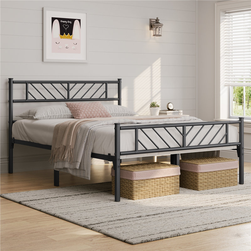 Minimalist Metal Slatted Bed Platform with Arrow Design Headboard, Double (4'6), Black