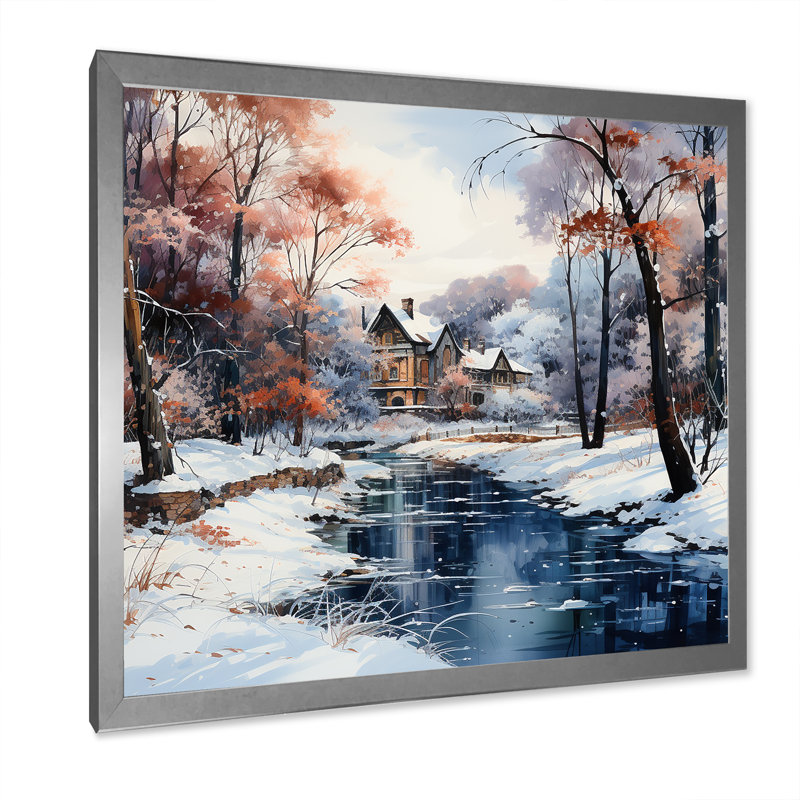 «Cabin River Forest Charm In Winter», reproduction sur toile, Cadre simple argenté, H 36 po x l 36 po x P 1,5 po