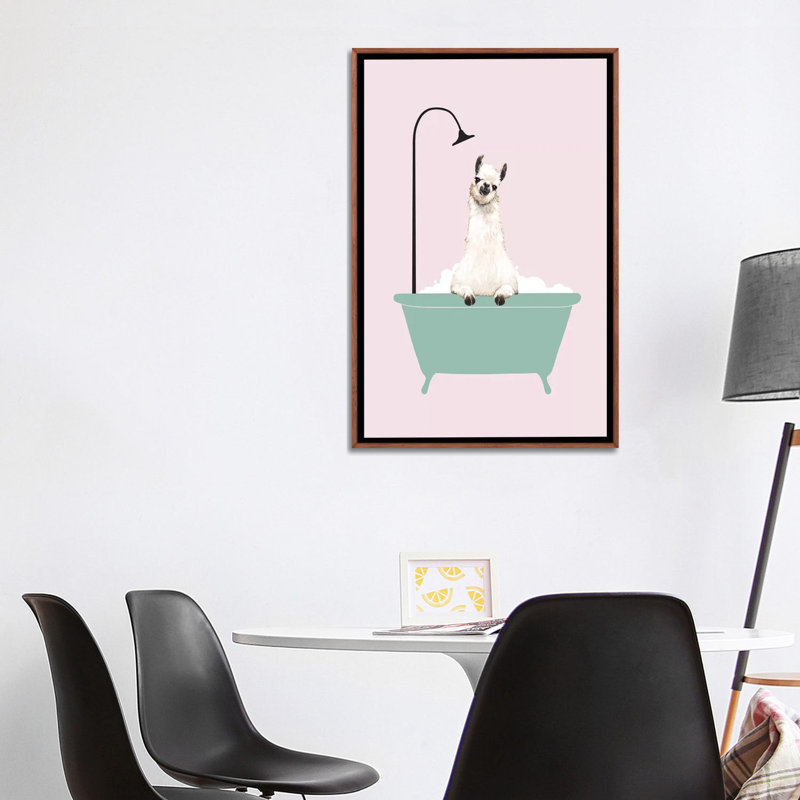 Lama profitant d'un bain moussant, Toile avec cadre en bois classique, H 40 po x l 26 po x P 1,5 po