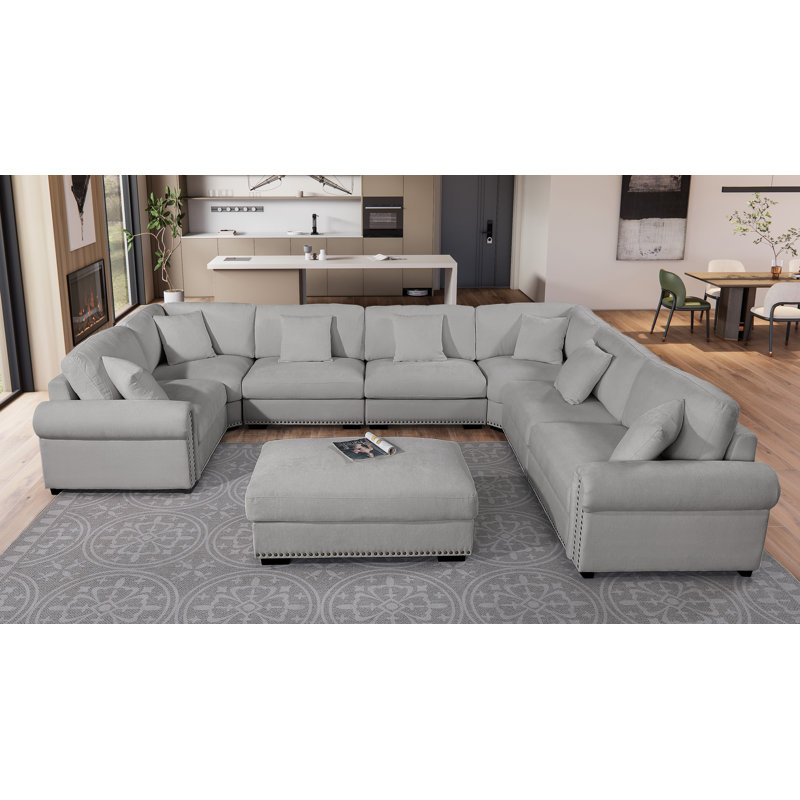 Errett Modern Fabric Reversible 8 Seater Corner Sectional With Movable Ottoman, Light Gray Polyester