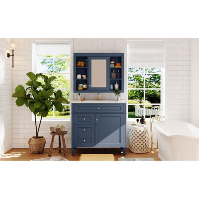 Meuble-lavabo 36 po avec armoire à pharmacie, armoire à miroir bleu royal, armoire de rangement moderne avec 2 portes à fermeture douce et 4 tiroirs, meuble-lavabo simple