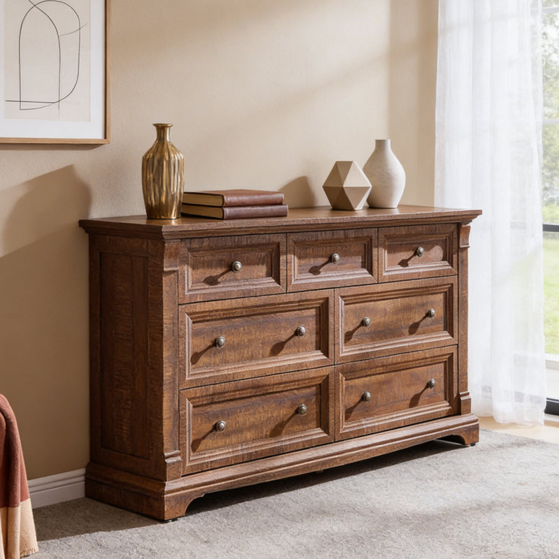 Roman Column 7-Drawer Dresser - 54" Wide Farmhouse Statement, Brown