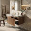 Meuble-lavabo flottant moderne de 36 po, plateau en pierre frittée (gris clair / travertin) avec lavabo en céramique et armoire en contreplaqué (chêne blanc / chêne brun) et 1 tiroir-432910118-432910120