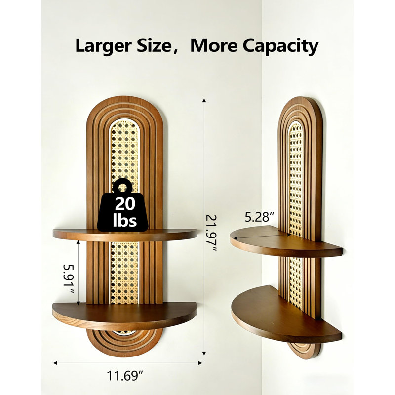 Boho Rattan Floating Shelves Wall Mounted Plant Display Set of 2, 2 Tier-walnut（1-pack)
