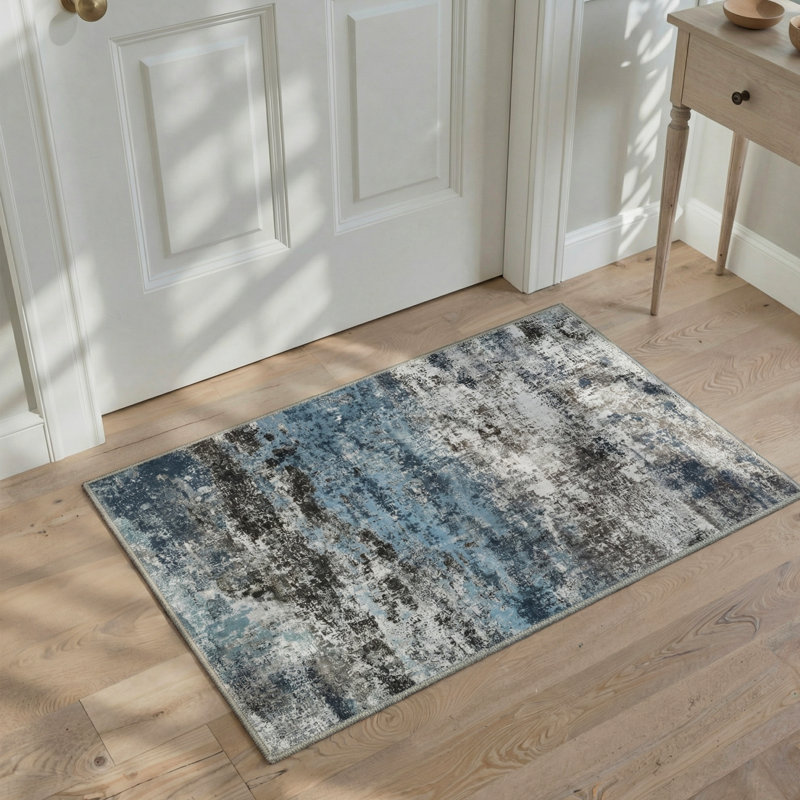 Aura Modern Abstract Machine Washable Blue / White / Black Indoor Area Rug with Non-Slip Backing, Rectangle 5' x 7'