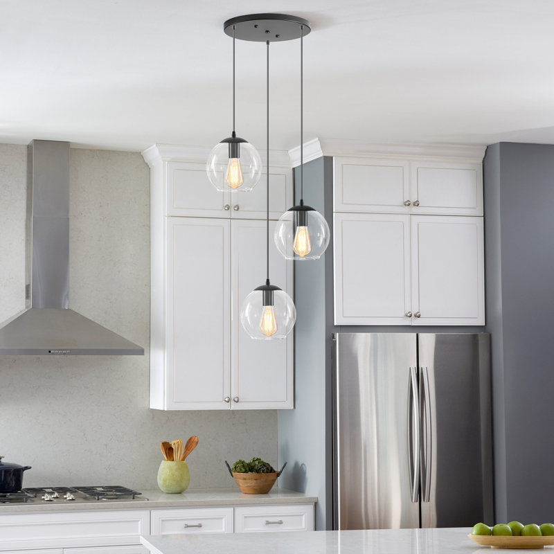 3-Light Globe Glass  Cluster Pendants, Matte Black