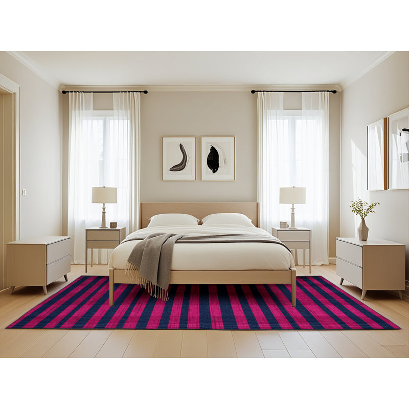 Tapis bleu à rayures horizontales lavable à la machine, Rectangle de 5 pi x 8 pi