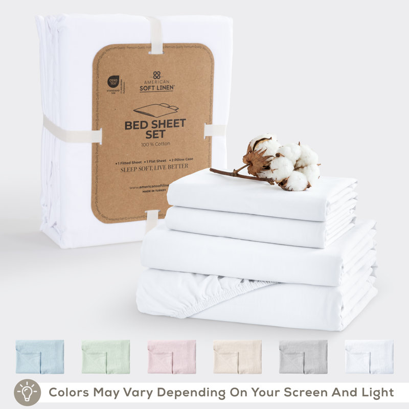 100% Washed Cotton Percale Sheet Set - Includes 1 Flat Sheet, 1 Fitted Sheet and 2 Pillowcases, White