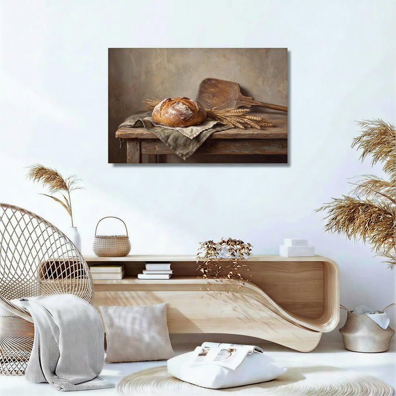 Tableau sur toile représentant un pain rustique avec des épis de blé sur une table en bois, 12"H x 18"W
