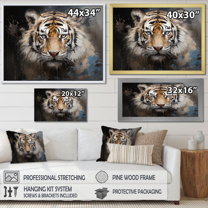 Minimalisme tigre foncé I sur toile, Cadre photo blanc, H 16 po x l 32 po x P 1 po