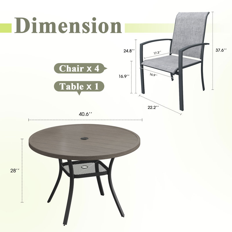 Ensemble de salle à manger de patio 4 personnes avec chaises empilables Textilene, Bois brossé gris / gris