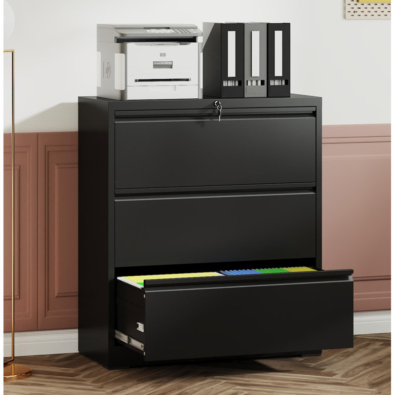 3 Drawer Lateral File Cabinet With Lock – Heavy-Duty Metal Filing Cabinet For Home Office, Wide Storage For Letter/Legal/A4/F4, Silent Full-Extension Slides, Anti-Tilt Safety