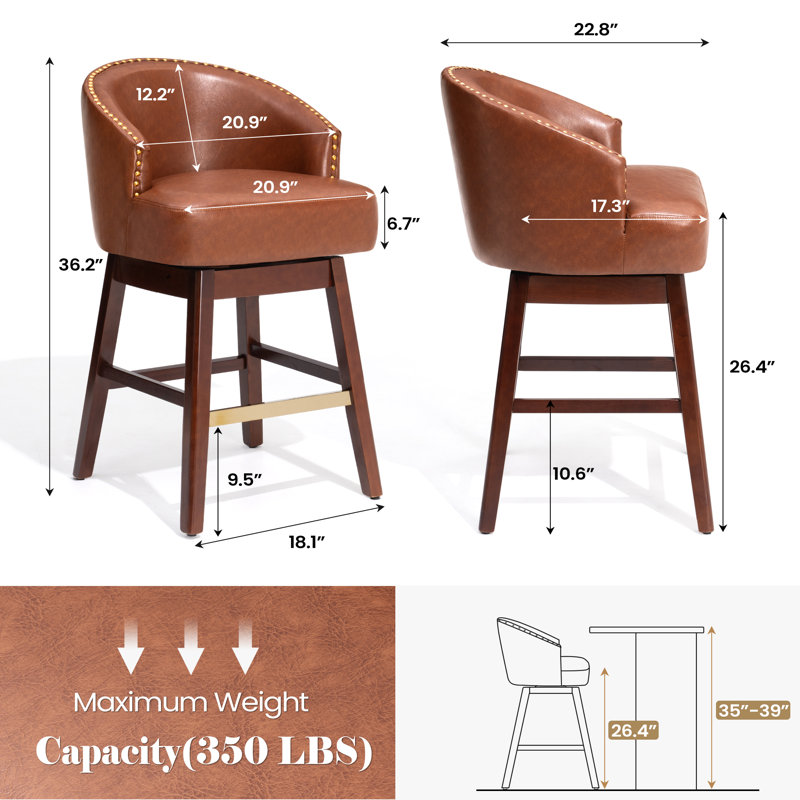 Tabouret de comptoir pivotant en similicuir de 26,4 po avec pieds en bois massif, Brun-roux
