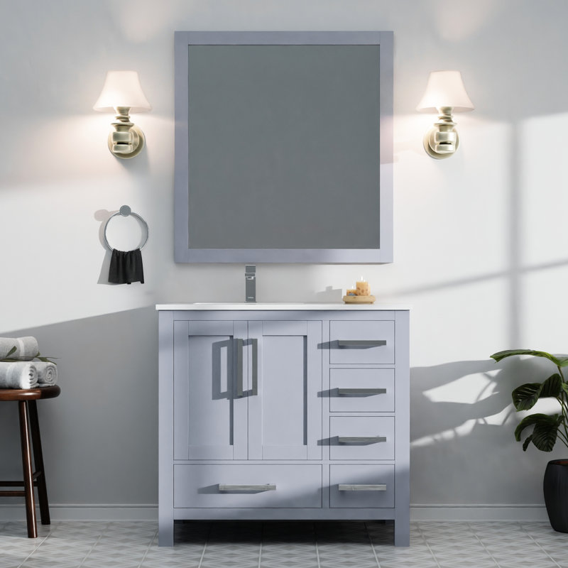 Meuble-lavabo gris foncé de 36 po avec profondeur de 22 po, plateau gauche en marbre de culture, structure en bois massif, fonction de fermeture en douceur et rangement. L, P, construction, espace du mécanisme