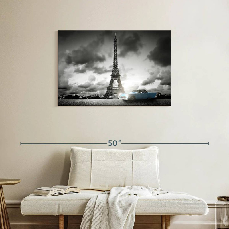 Ravi voiture rétro et Eiffel à Paris, H 24 po x l 36 po