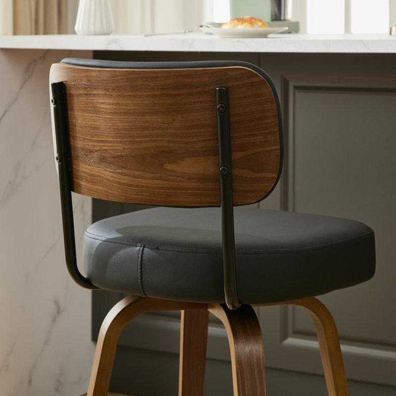 30" Swivel Upholstered Bar Stool with Walnut-Finish Bentwood Frame, Black, 4