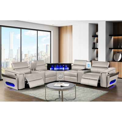 Canapé modulaire avec 2 consoles de lecture + réfrigérateur, barre de divertissement, haut-parleurs et commandes, alimentation électrique, appuis-tête réglables manuellement, coussin de recharge sans fil, ports, console de congélateur optionnelle b