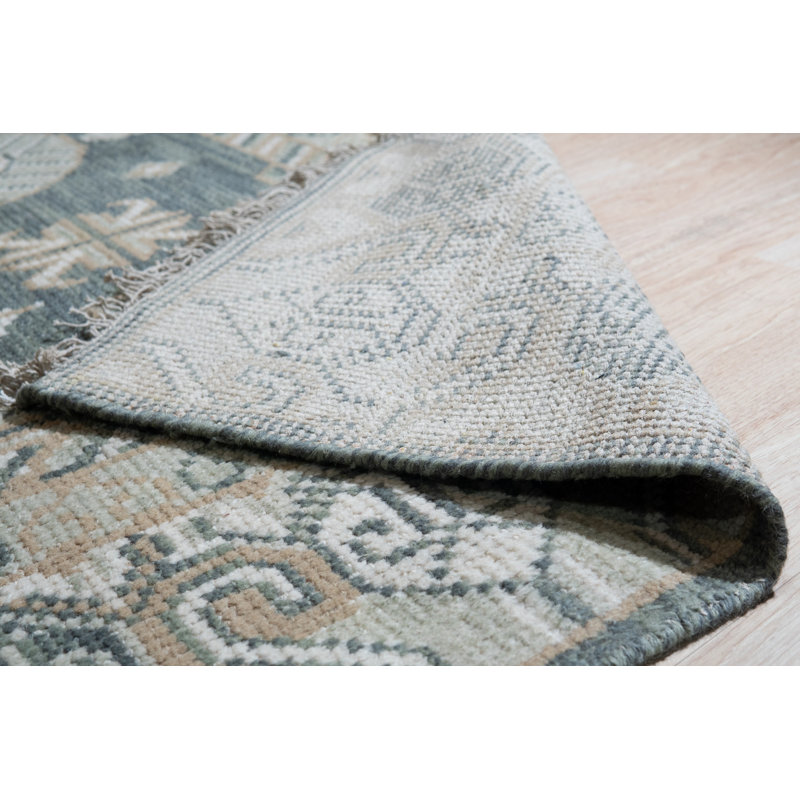 Tapis oriental vert en laine noué à la main Rhea, Rectangulaire 8 pi x 10 pi
