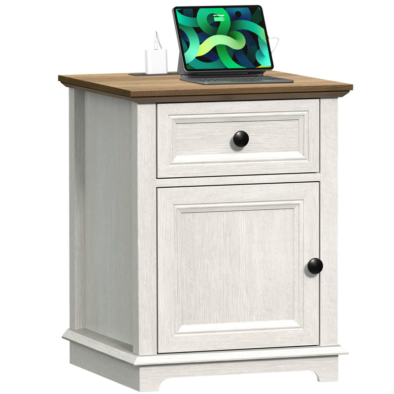 Vianet 24'' Tall End Table with Storage Drawer and Built-In Outlets, White/Brown