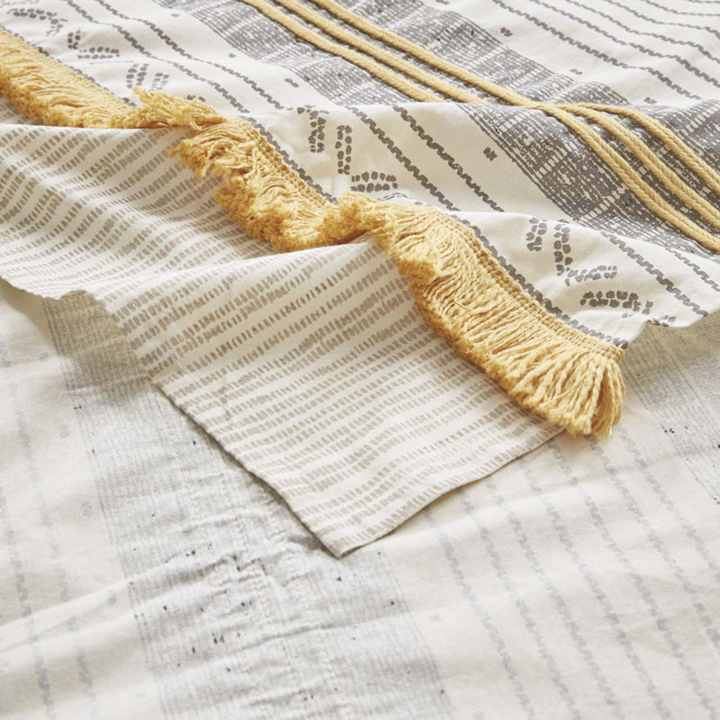 Gray and Yellow Cotton Striped Shower Curtain with Tassels