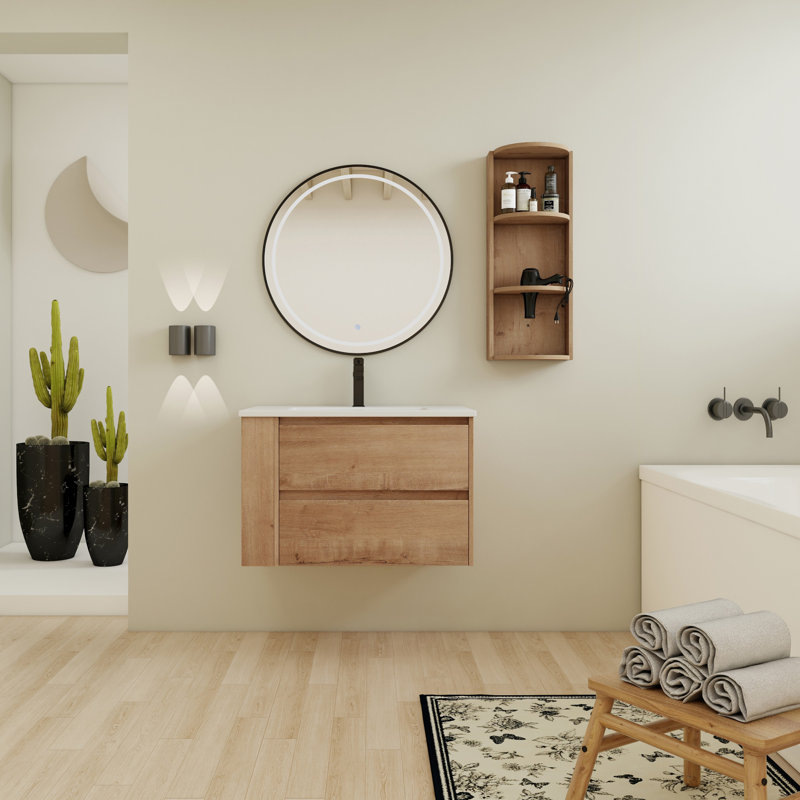 Meuble-lavabo mural 30 po avec lavabo et support de rangement, 2 tiroirs à fermeture en douceur, armoire combinée (emballage KD), meuble-lavabo
