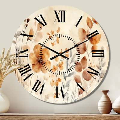 Horloge murale en métal beige à motifs botaniques séchés aux tons naturels, imprimée sur métal