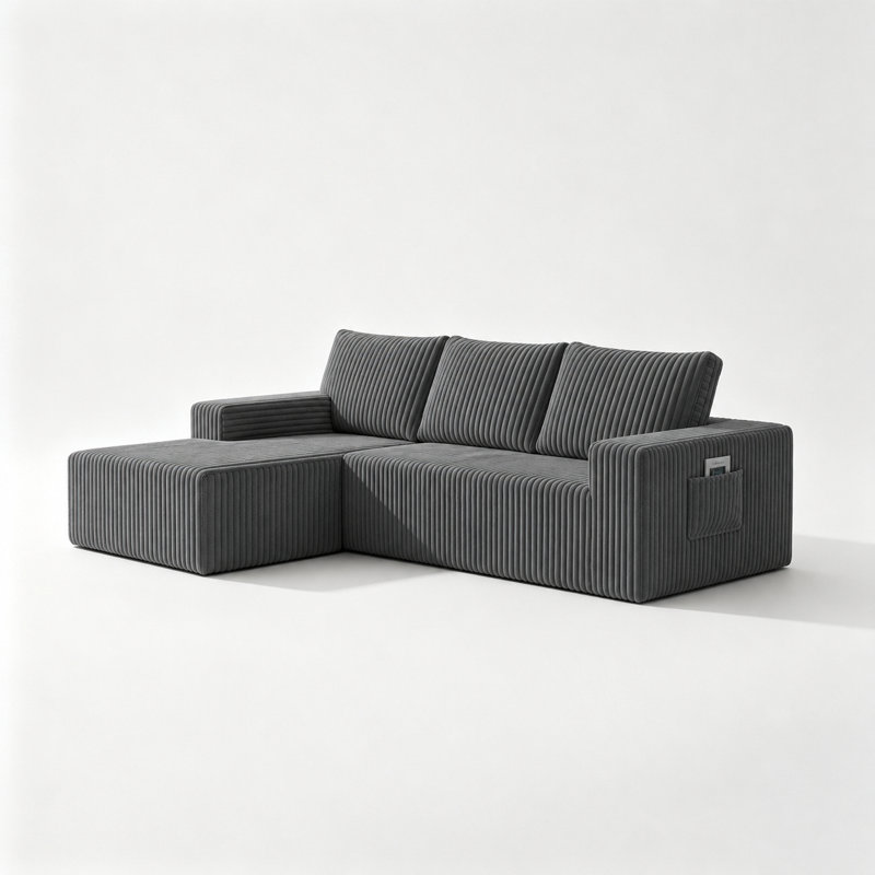 Canapé modulaire en forme de L en flanelle désossée avec siège profond, choix de méridienne orientée vers la gauche, double poches latérales, aucun assemblage requis