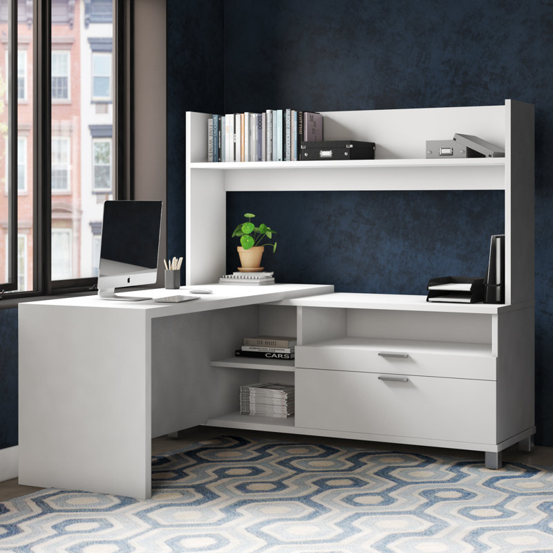 Operle Reversible L-Shaped Desk with Single Shelf Hutch, 72W, White