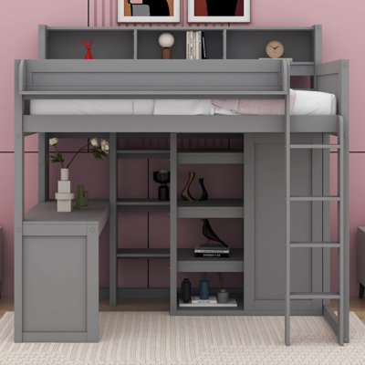 Lit mezzanine simple en bois Heribert avec plusieurs tablettes de rangement et garde-robe