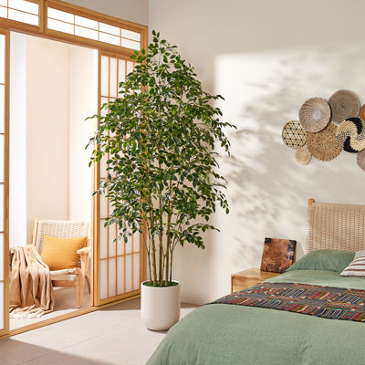 8ft Artificial Ficus Tree in Cream White Planter, Real-Touch Multi-Trunk Faux Banyan Plant