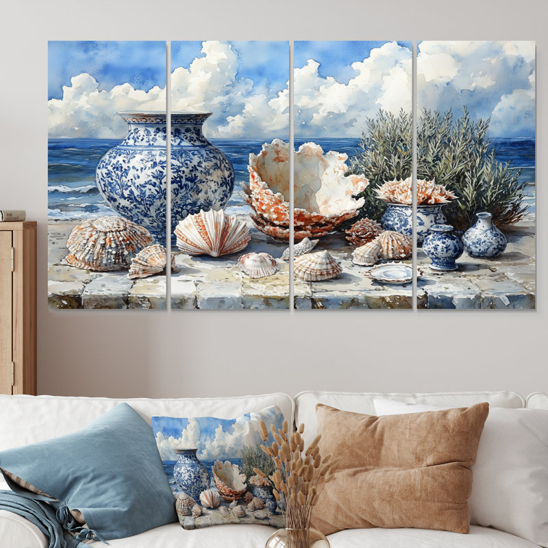 Beach Pottery in Blue and White Tons VII - ensemble d'art mural de poterie de plage, H 28 po x l 48 po