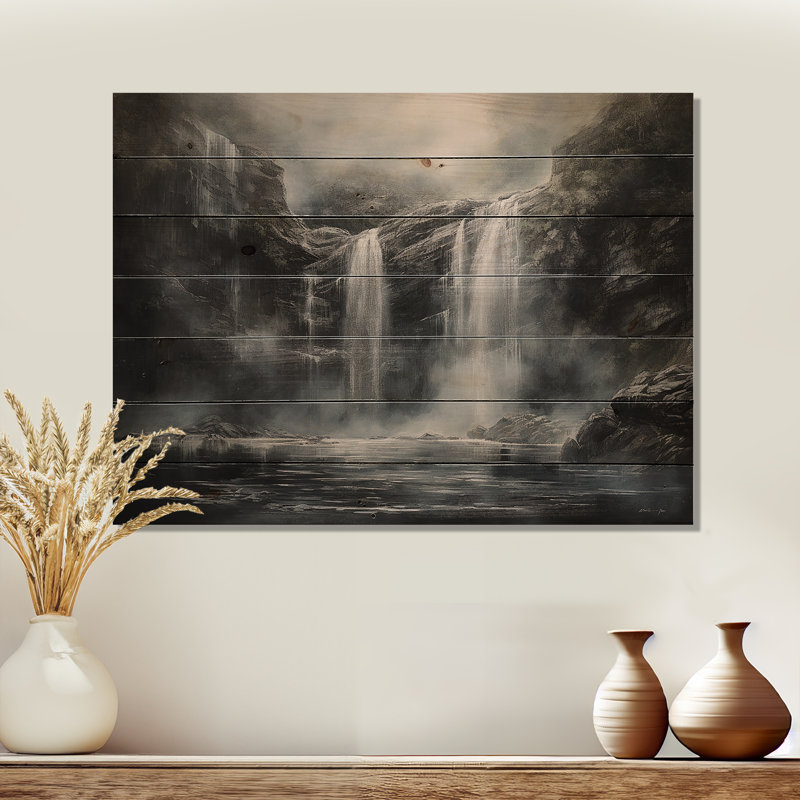 «Waterfall Cliff Scenery Magic», art mural en bois sur bois de pin naturel, H 10 po x l 20 po