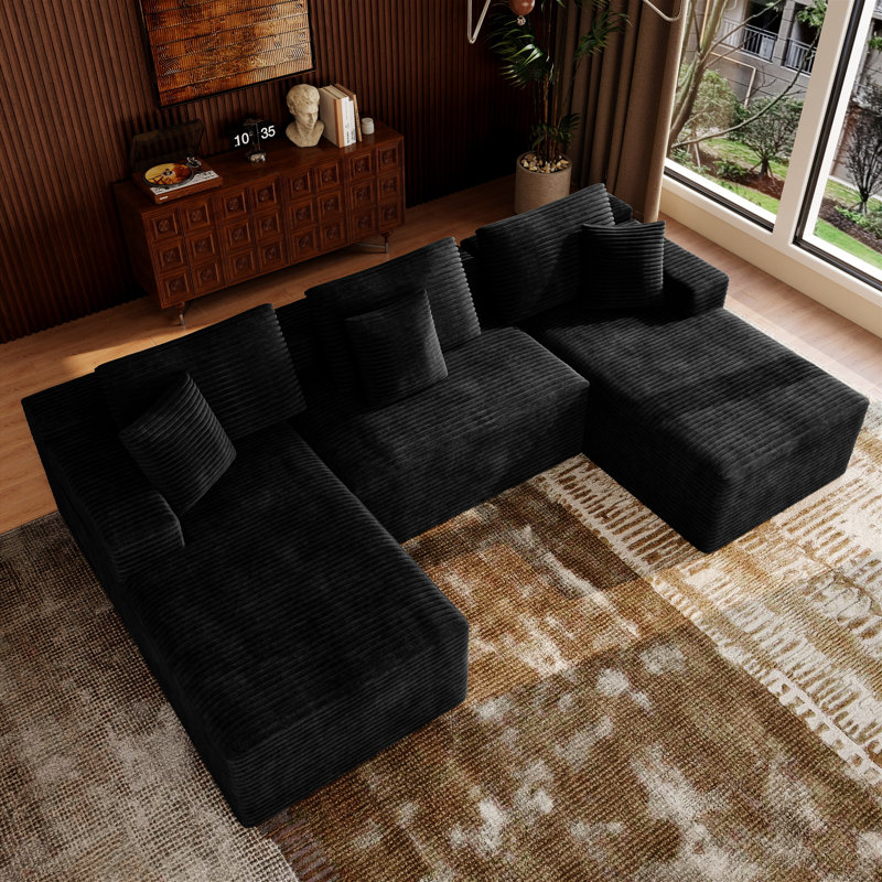 Canapé modulaire en forme de U de 132 po Koli, canapé à compression, velours côtelé noir, 23.6" H x 132" W x 68.9" D