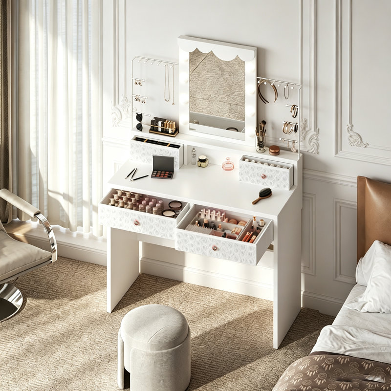 Bureau de coiffeuse avec grand miroir et lumières, H 56,3 po x l 35 po x P 15,75 po, Blanc