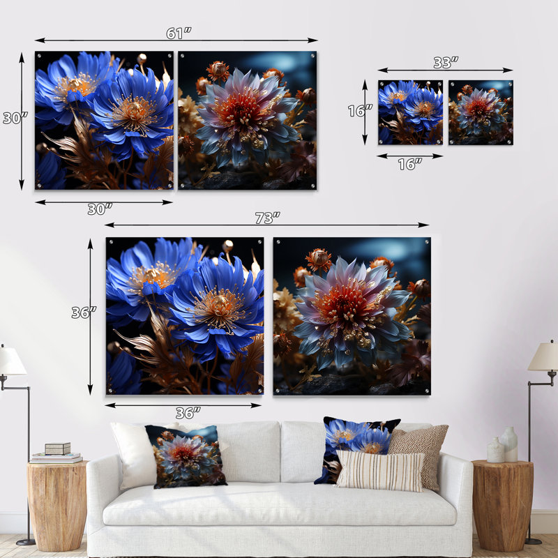 Cornflowers Blue Tones Expression II - ensemble de 2 peintures murales en acrylique, H 36 po x l 73 po