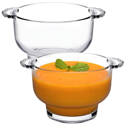 410ml Pasabahce Small Clear Glass Soup Bowl Set 2 with Handles Dishwasher Safe
