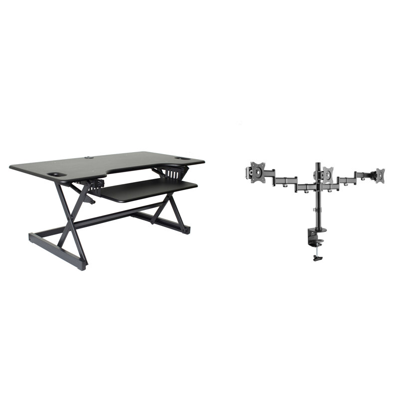  46 in. Balck Height Adjustable Standing Desk Converter with Triple Monitor Mount and Deep Keyboard Tray, Black