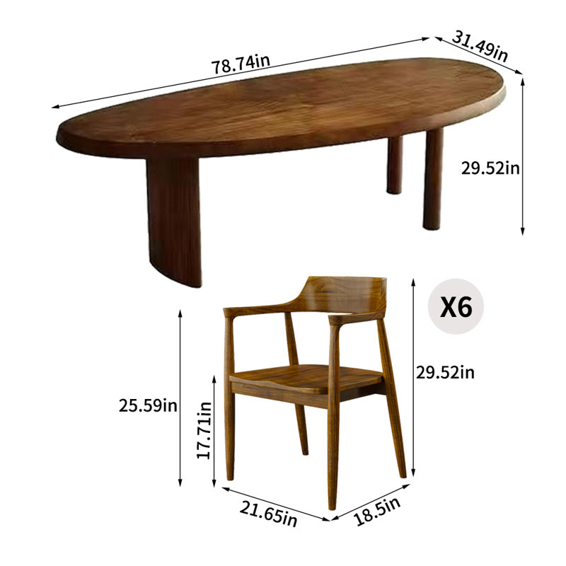 Modern Simple Solid Wood Arc Dining Table Sets, 29.52"H x 78.74"L x 31.49"W